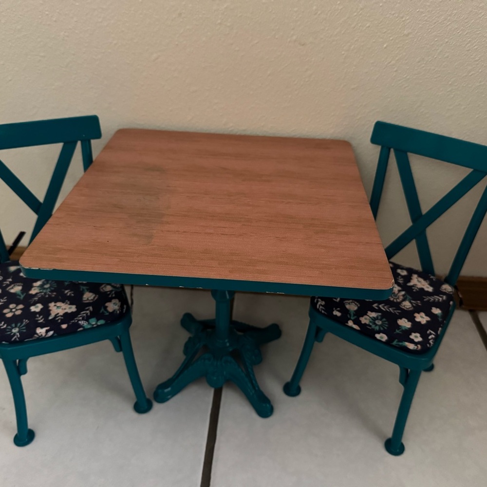 Retired; American Doll Teatime Table & Chairs Set; Cast Iron; Turquoise 3pc set